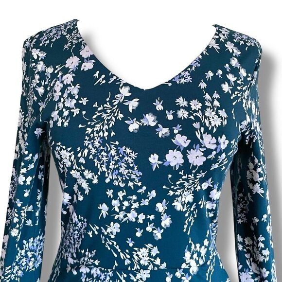 Pact Organic Womens Party Dress Sz Small Dark Teal Blue White Floral Midi V-neck - Picture 5 of 8